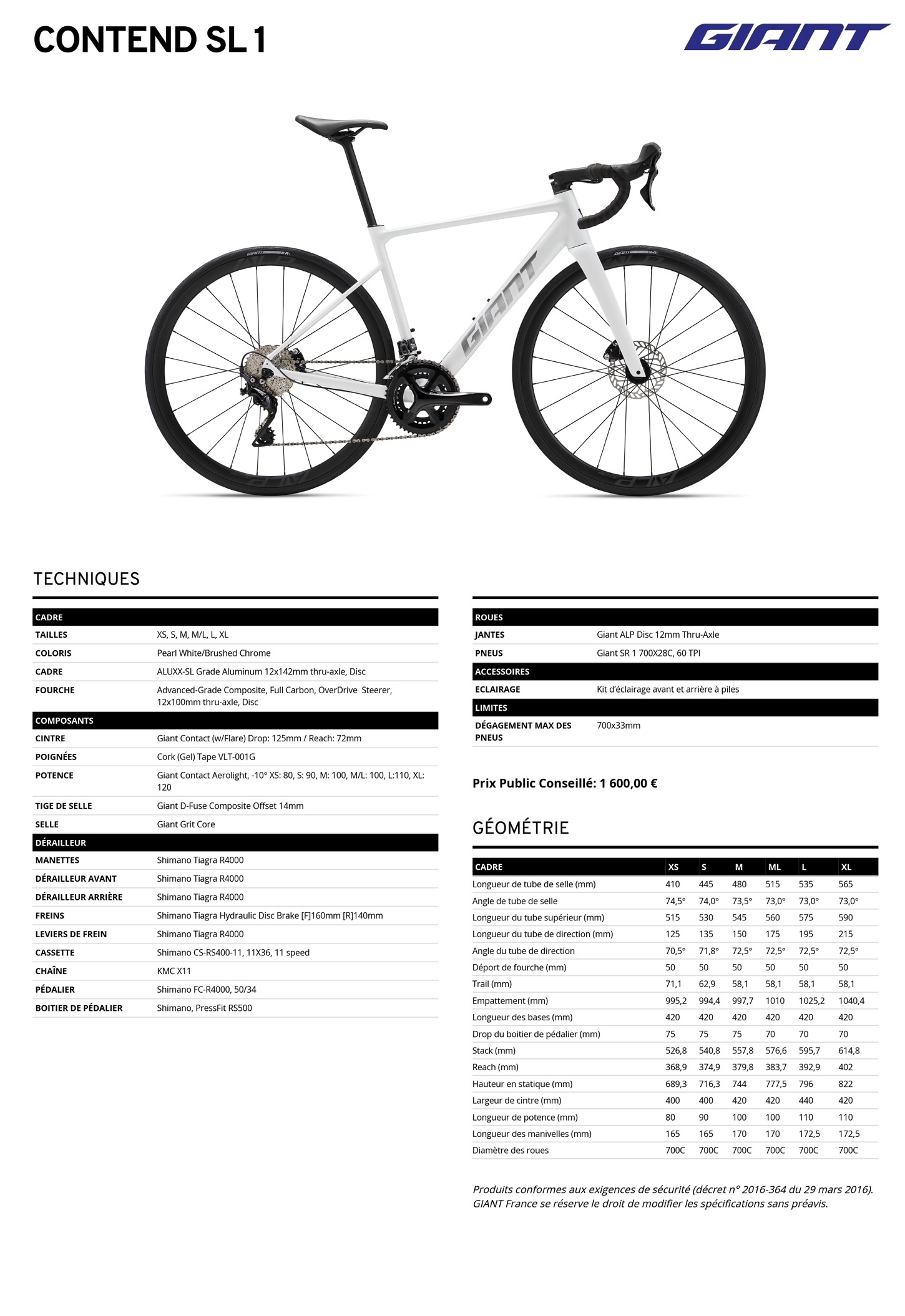 Fiche technique du velo Contend SL 1 année 2027